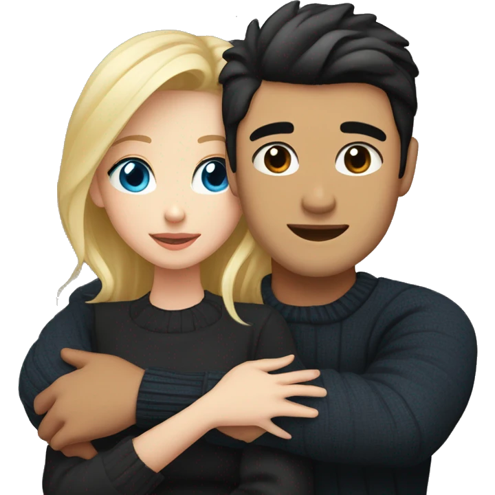 Blonde girl with blue eyes in black sweater and an east asian man with black hair and black eyes hugging emoji