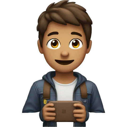 Create an emoji of a boy with brown hair and not-so-brown skin holding a Nintendo Switch and winking emoji