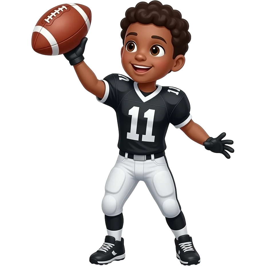 Brown skin kid with black and white football jersey #11 catching a football emoji