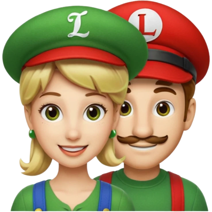 blonde female Luigi (with the Luigi green hat with an L on it) and a normal brown hair male Mario with the red hat. They are friends just smiling emoji