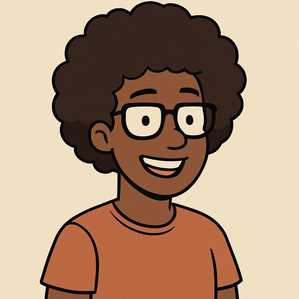 portrait of a person with afro hair, dark skin tone, brown hair, and glasses, friendly and modern style, simple and clear design, minimalistic and expressive, cheerful expression, cartoon avatar emoji