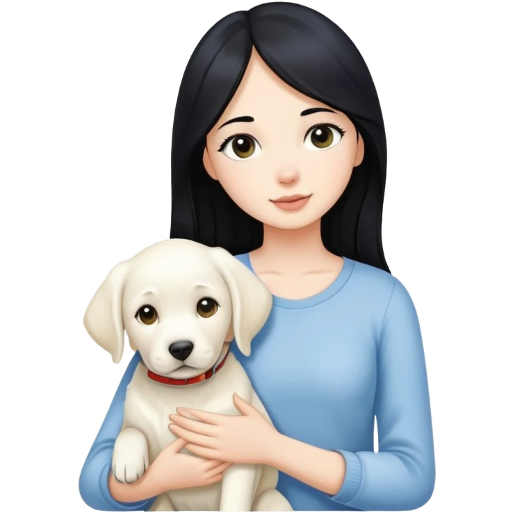 A beautiful girl with long black hair and fair skin is holding a white Labrador emoji