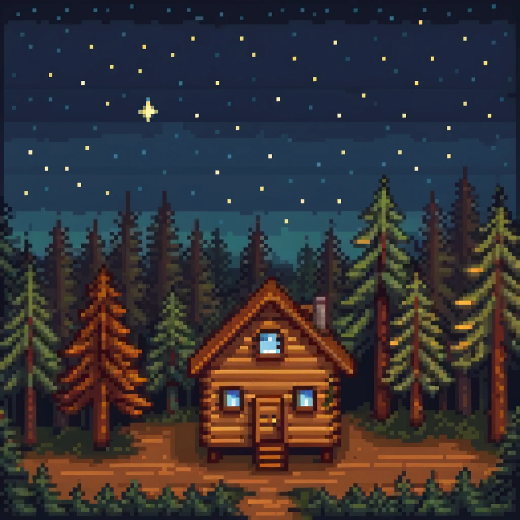 wooden house in a pine forest at night with stars in the sky emoji