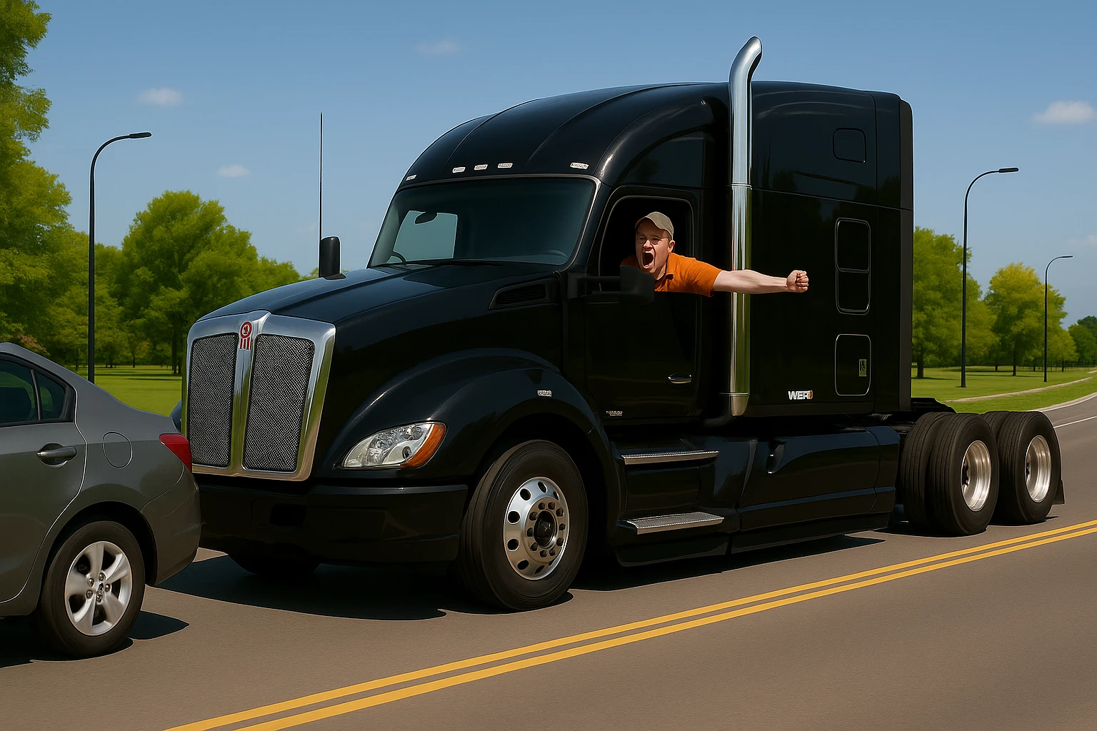 Zoom the scene out even farther, showing more of the road and landscape, with the black Kenworth W680 semi truck featuring a chrome stack, an angry bald driver wearing an orange shirt and baseball cap with his arm out the window, following a car. The scene should remain bright and vibrant. emoji