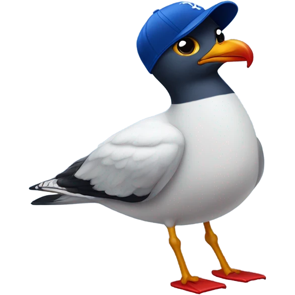 Seagull with wearing dark blue ballcap emblazoned with a red G initial emoji