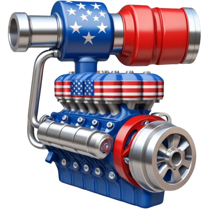 Flexed muscular arm fist holding a V8 engine,  American flag stripe pattern in background,  bold red white and blue, raw mechanical power,  chrome pistons visible emoji
