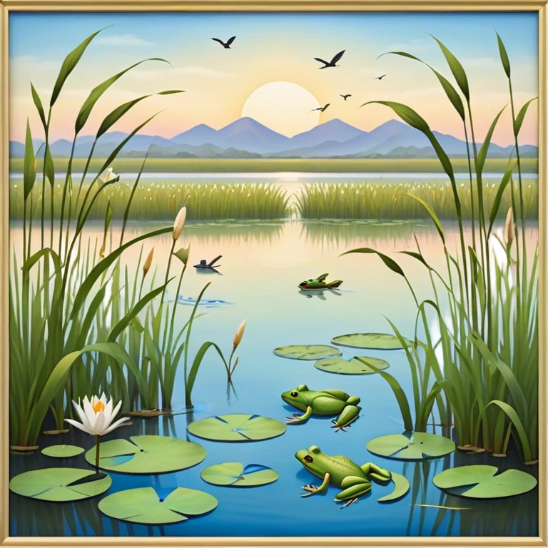 Cinematic Realistic Wetlands Emoji in a wooden frame, Peaceful and serene, with tall grasses swaying in the breeze and soft, muddy waters reflecting the sky above. Small birds and insects flit among the reeds while lily pads float lazily across the surface, punctuated by the occasional croak of a frog or splash of a fish. Soft glowing outline, capturing the essence of a calm, tranquil wetland brimming with life and natural beauty. emoji