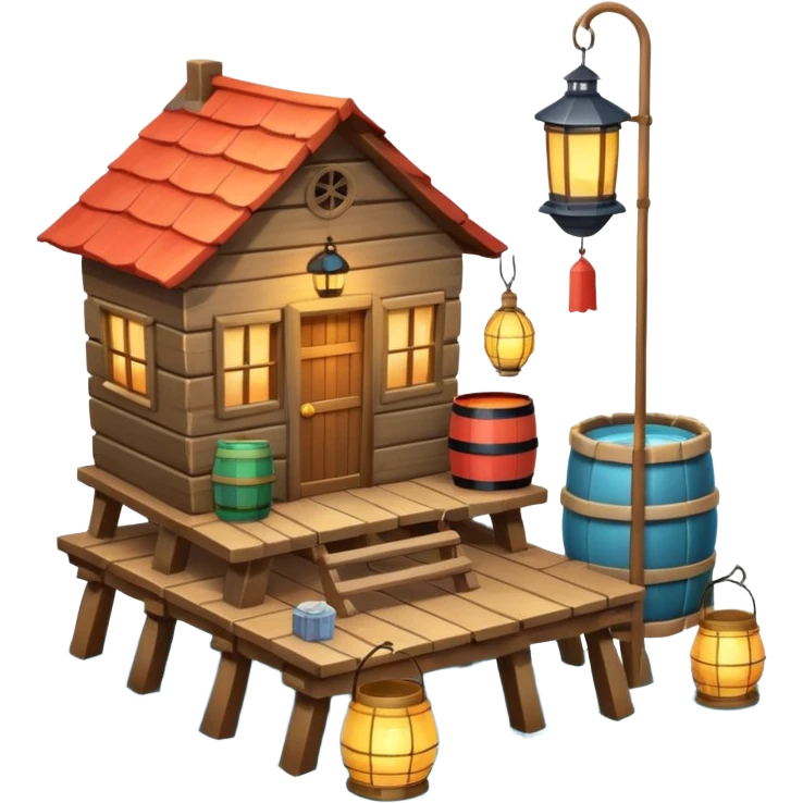 
fisherman house on a wooden pier, small dock, fishing nets hanging, barrels, lantern, ocean vibe, 3D cartoon, cute mobile game icon, clean background, no text
 emoji