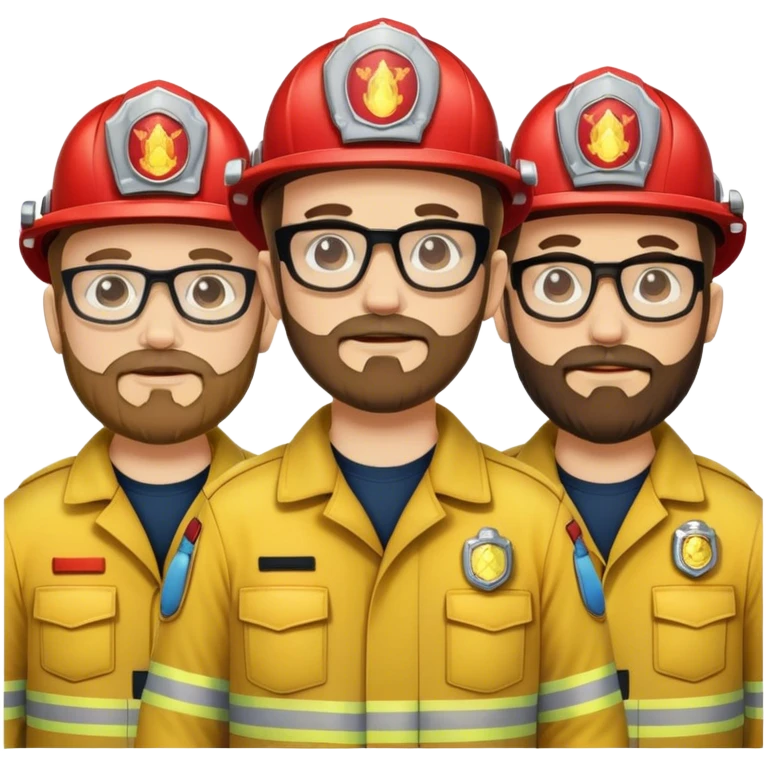Three fireman standing together, two are bearded and all are wearing glasses emoji