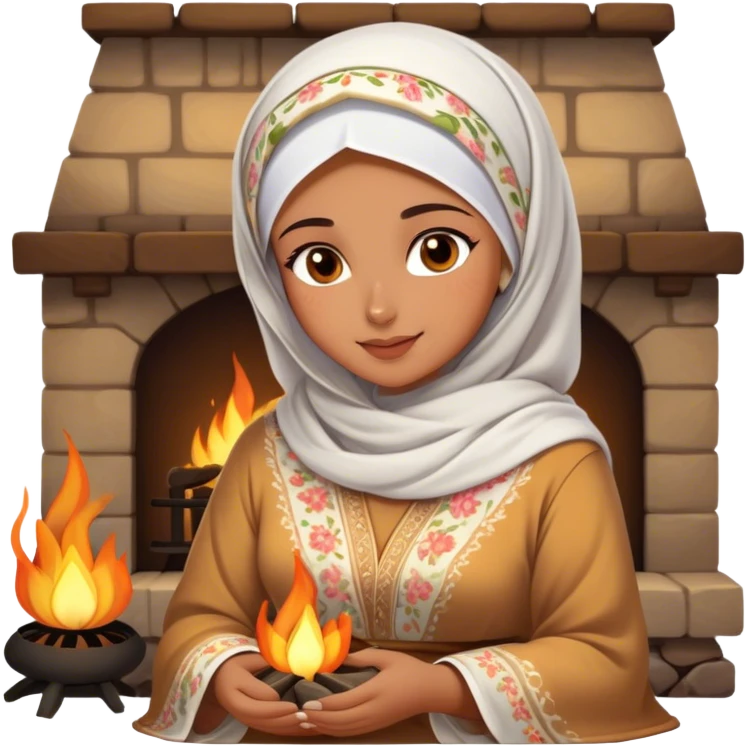 An Arab woman dressed in a beautiful floral traditional outfit with a delicate white headscarf sits by a fire at night. The warm glow of the flames highlights her radiant features, giving the scene a soft, serene, and intimate feel. emoji