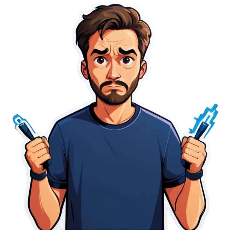 Man holding both arms in the air and holding an electrical cable der Man looks sad emoji