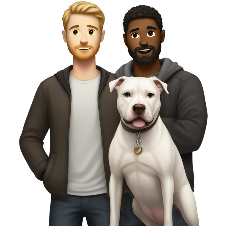 white male with dark brown hair and a lightly scruffy beard standing alongside a white pitbull emoji