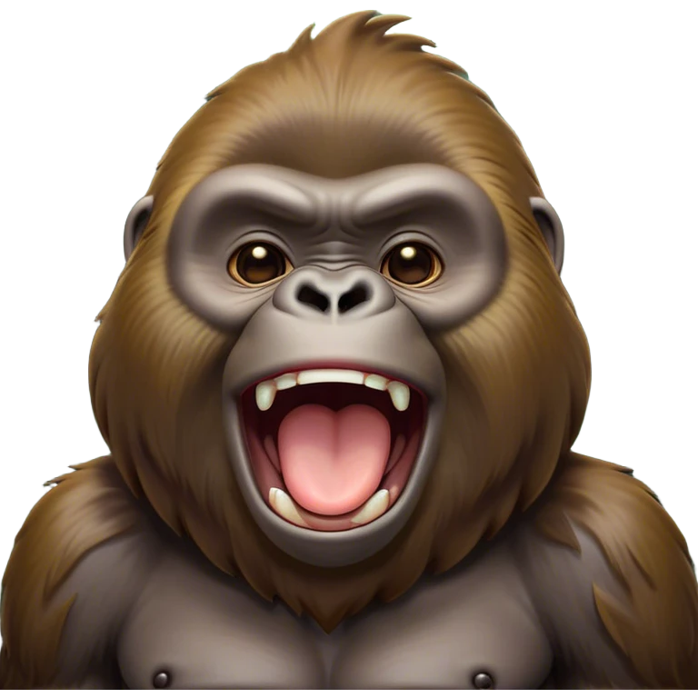 Cinematic Cute Yawning Gorilla Portrait Emoji, Head tilted slightly with a dramatic, wide-open yawn, showcasing a thick, velvety Fur with drowsy, half-closed eyes and a relaxed, open expression, Simplified yet irresistibly adorable features, highly detailed, glowing with a soft, cozy jungle glow, high shine, relaxed yet expressive, stylized with a dash of whimsical primate charm, soft glowing outline, capturing the essence of a drowsy yet affectionate guardian that appears ready to stretch out for a nap! emoji