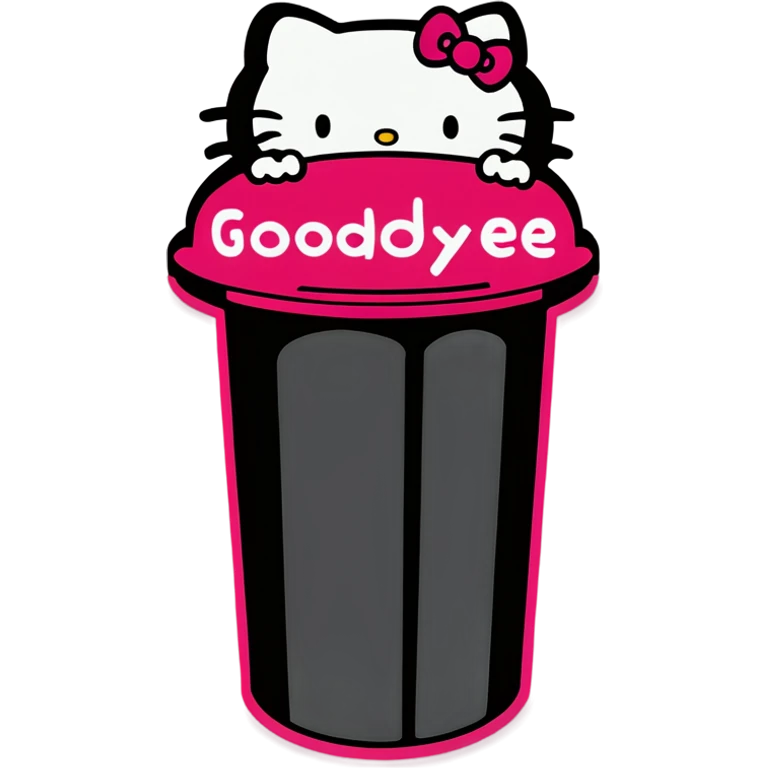 A trash bin that says GOODBYEEEE with hello Kitty in it emoji