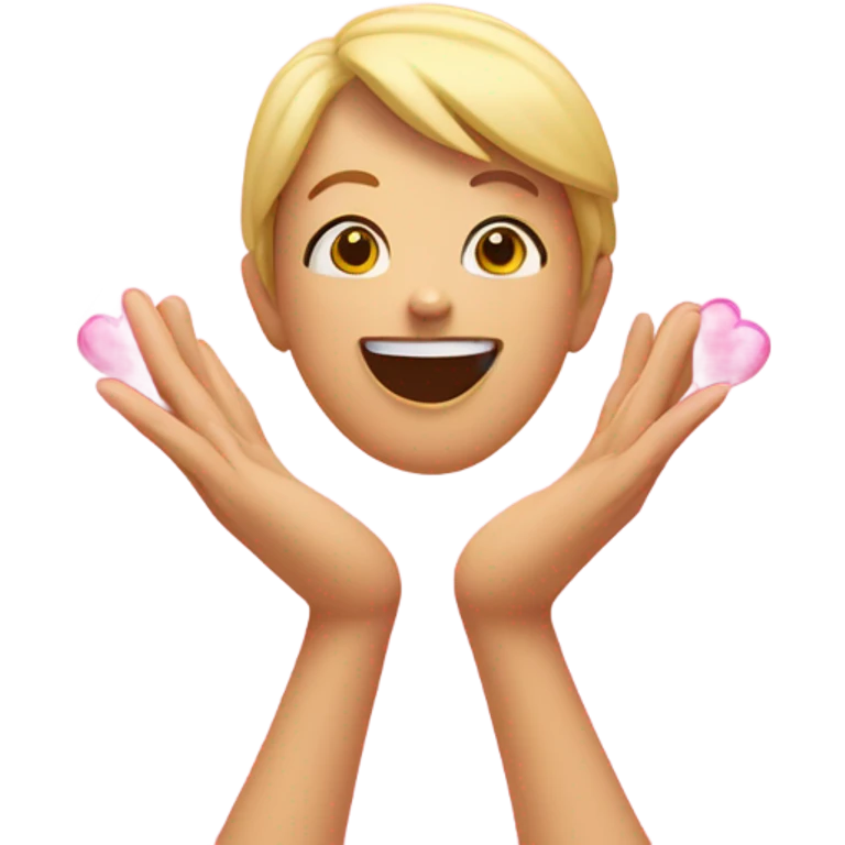 happy face, making a heart with their hands, ￼ surrounded by pink hearts, ￼￼ emoji