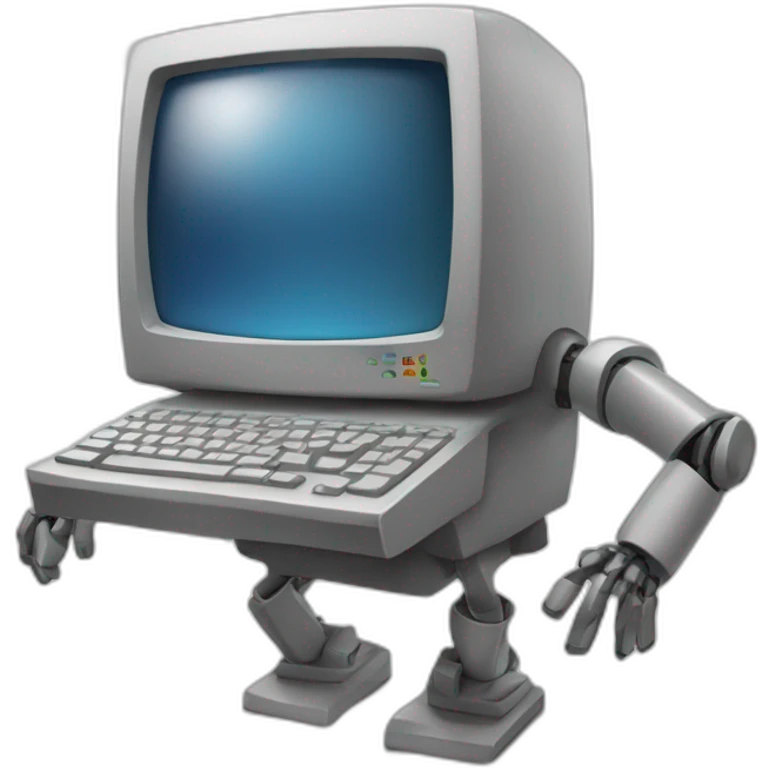 Anthropomorphic computer with arms and legs doing something random emoji