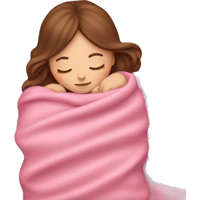 White girl with brown hair sleeping with pink blanket emoji