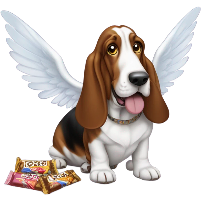 Basset hound with angel wings eating a box of chocolates and candy bars emoji