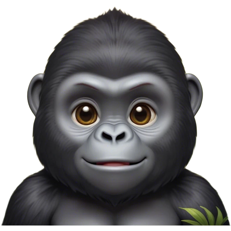 Cinematic Cute Gorilla Portrait Emoji, Head tilted playfully and inquisitively, with a robust, endearingly soft face accented by tender fur and round, sparkling eyes full of warmth, Simplified yet irresistibly adorable features, highly detailed, glowing with a warm, friendly jungle glow, high shine, affectionate and lively, stylized with a touch of whimsical charm, soft glowing outline, capturing the essence of a mischievous yet loving gorilla that feels like it could lumber out of the screen into your arms! emoji