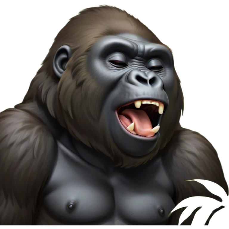 Cinematic Cute Yawning Gorilla Portrait Emoji, Head tilted slightly with a dramatic, wide-open yawn, showcasing a thick, velvety Fur with drowsy, half-closed eyes and a relaxed, open expression, Simplified yet irresistibly adorable features, highly detailed, glowing with a soft, cozy jungle glow, high shine, relaxed yet expressive, stylized with a dash of whimsical primate charm, soft glowing outline, capturing the essence of a drowsy yet affectionate guardian that appears ready to stretch out for a nap! emoji