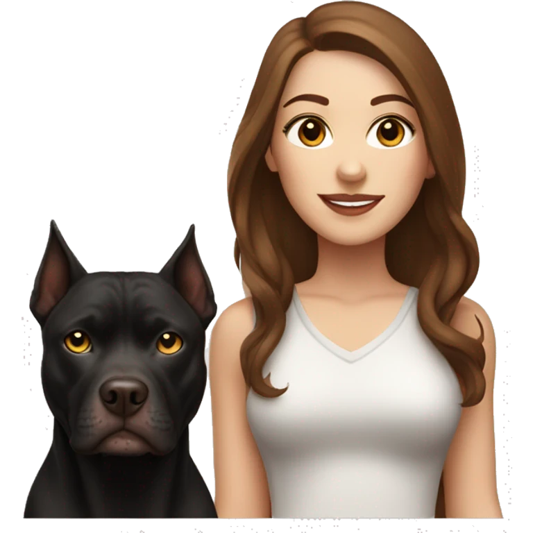 white woman with long brown hair and cat shaped eyes standing alongside a black pitbull  emoji