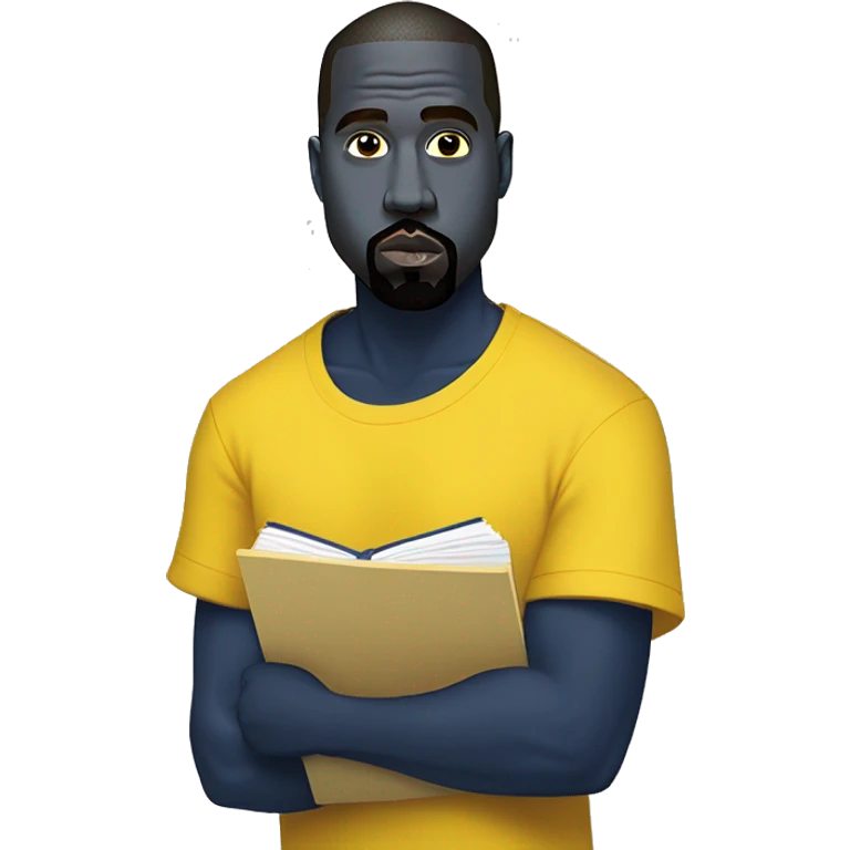 kanye west wearing a dark blue T-shirt, holding a big yellow notepad emoji