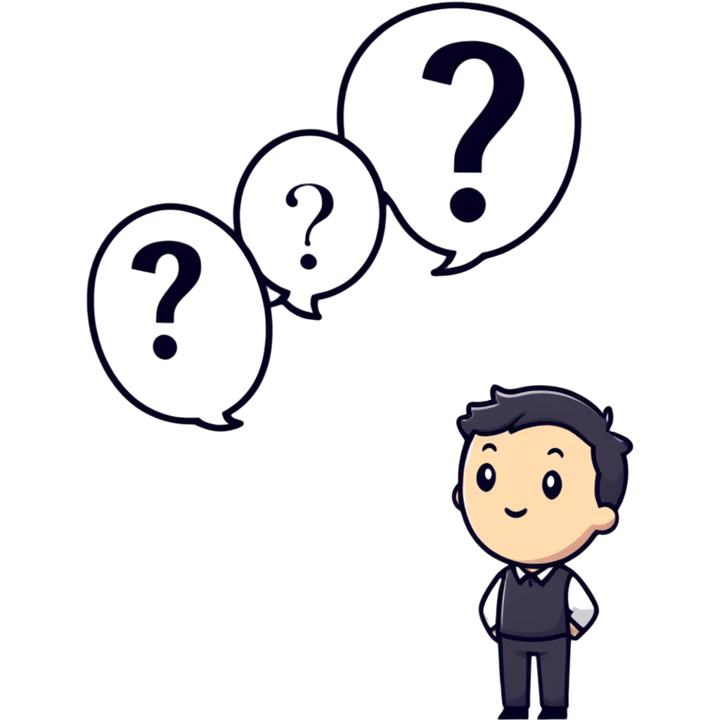 thoughtful person looking up with question marks emoji