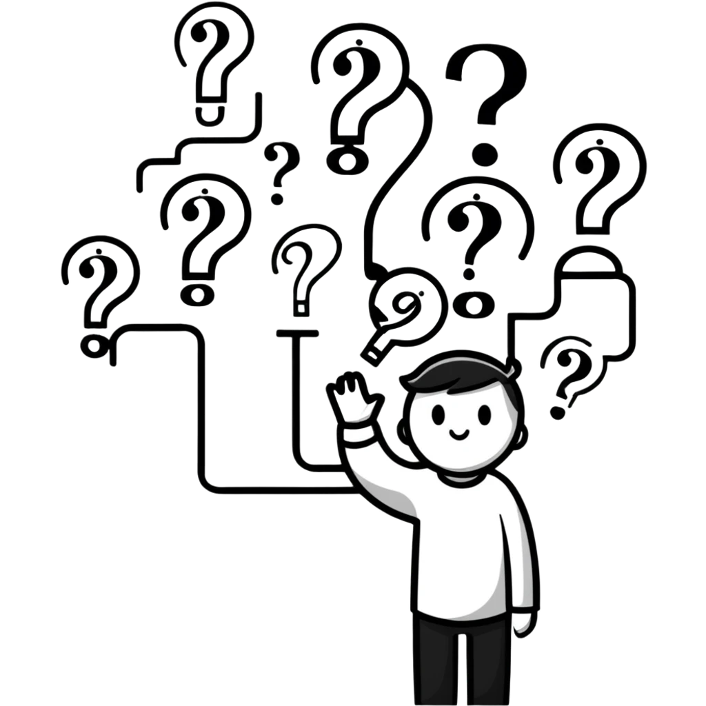 thoughtful person looking up with question marks emoji
