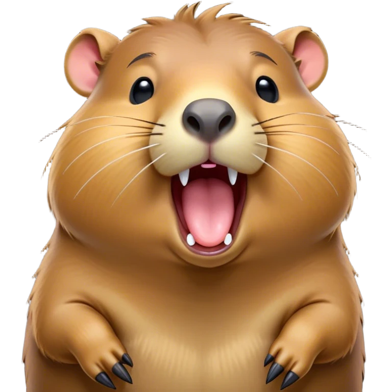 Cinematic Cute Yawning Capybara Portrait Emoji, Head tilted slightly with a dramatic, wide-open yawn, showcasing a plush, rounded body with drowsy, half-closed eyes and a relaxed expression, Simplified yet irresistibly adorable features, highly detailed, glowing with a soft, cozy natural glow, high shine, relaxed yet expressive, stylized with a dash of whimsical charm, soft glowing outline, capturing the essence of a drowsy yet affectionate guardian that seems ready to stretch out for a nap! emoji