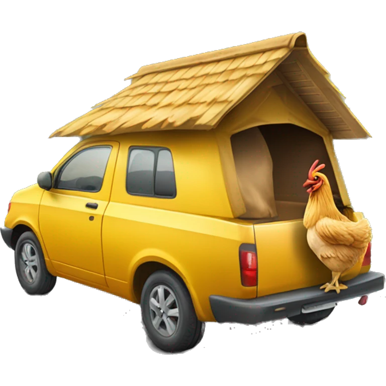 Ein Huhn mit einem Hut auf dem Dach eines Autos  emoji