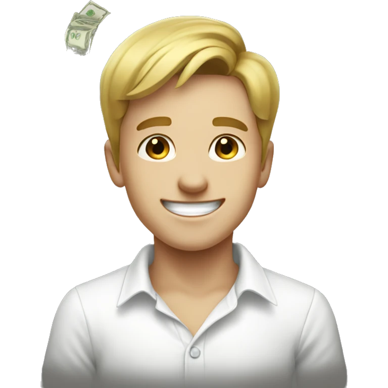 smiling boy in white shirt with money emoji