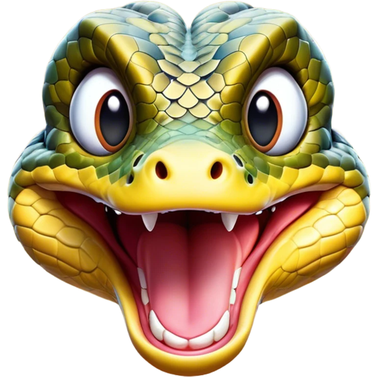 Cinematic Comical Python Portrait Emoji, Head tilted dramatically with an exaggeratedly shocked expression, featuring a robust, patterned body with wide, comically expressive eyes full of humorous disbelief, Simplified yet hilariously expressive features, highly detailed, glowing with a slightly sassy glow, high shine, dramatic yet playful, stylized with an air of quirky reptilian attitude, soft glowing outline, capturing the essence of a meme-worthy python that looks ready to side-eye its way into viral fame! emoji