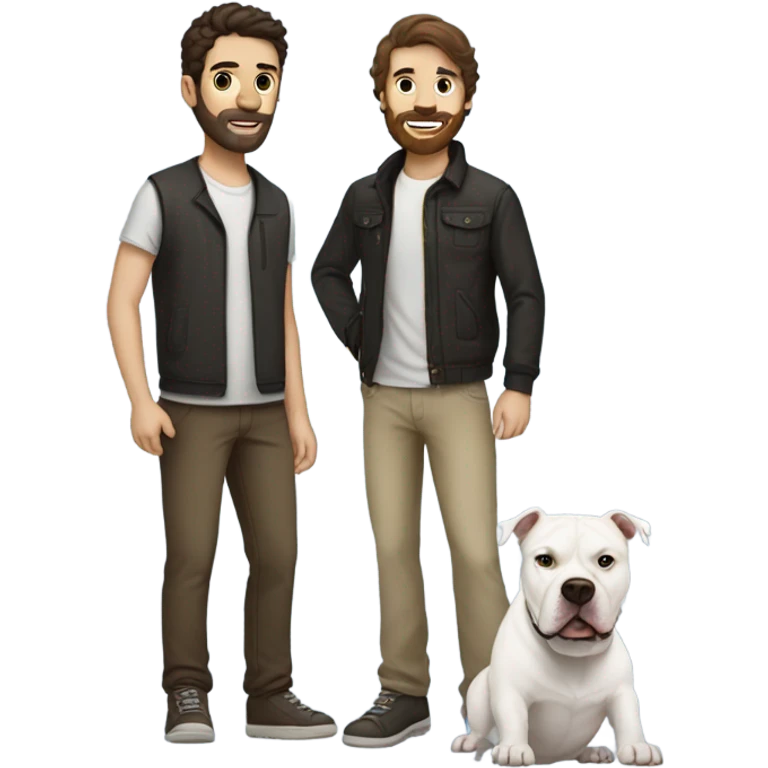 white male with dark brown hair and a lightly scruffy beard shadow standing alongside a white pitbull emoji