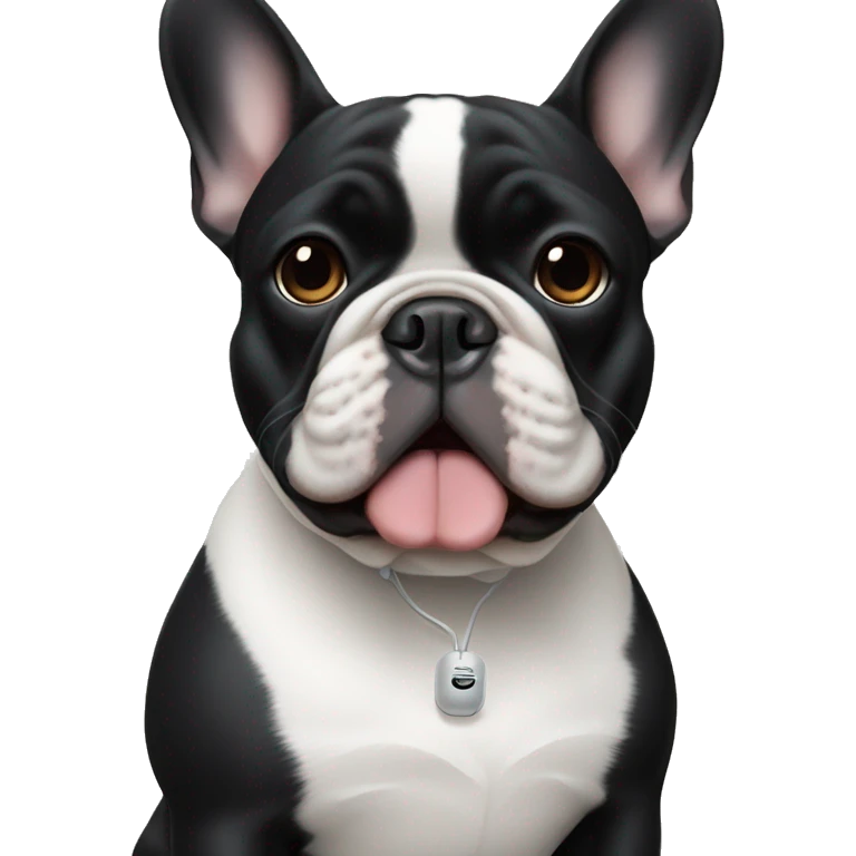 An all black French bulldog wearing air pods emoji