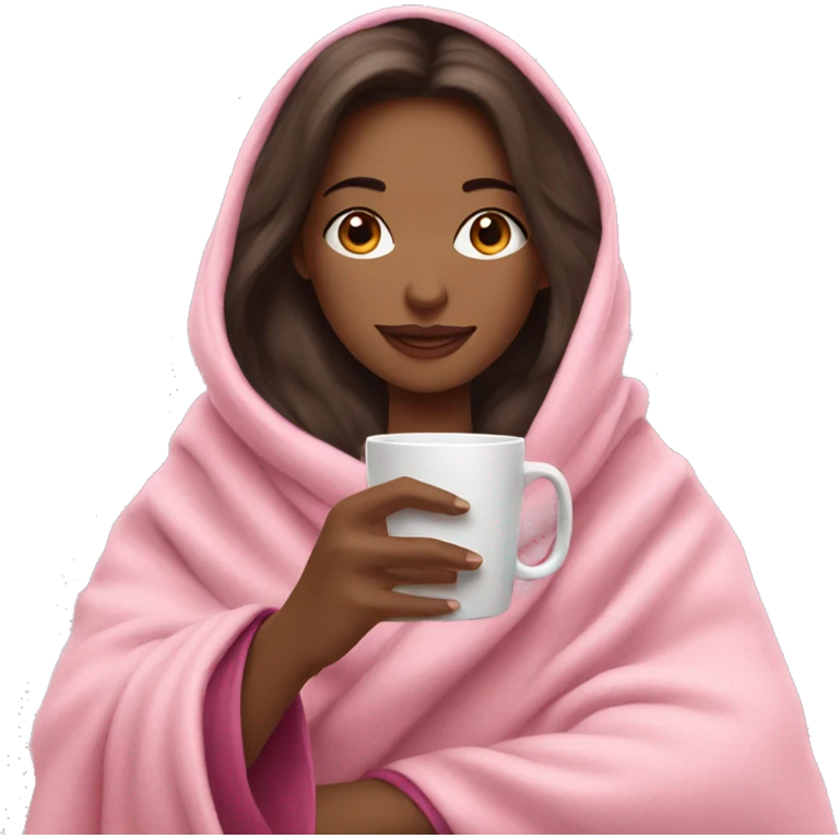 brunette girl in a pink blanket sipping coffee emoji