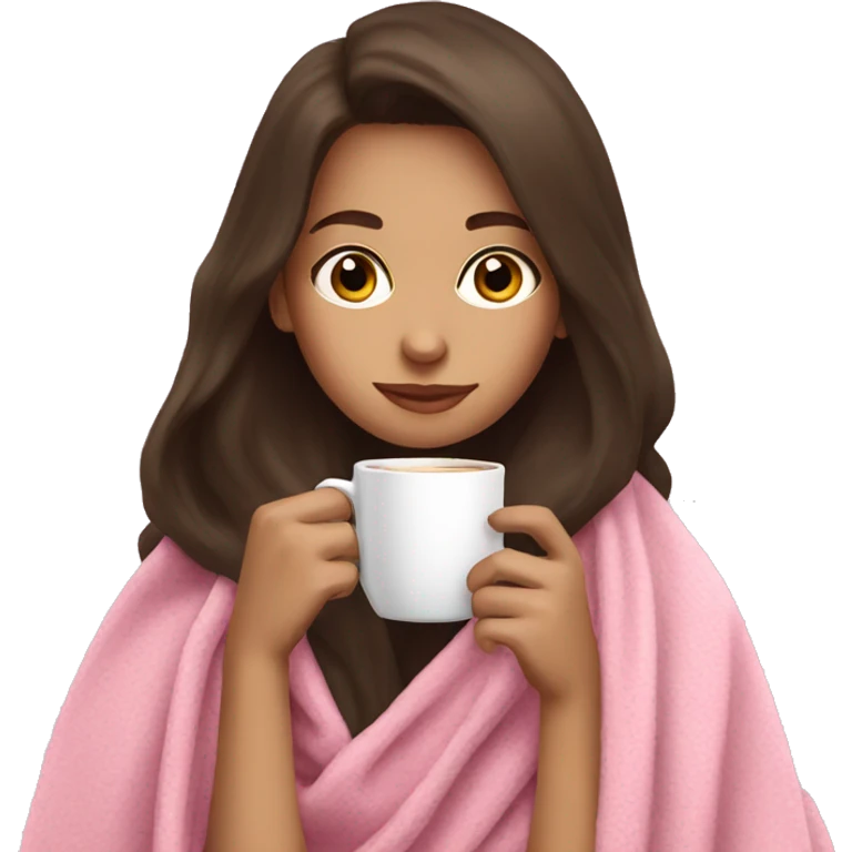 brunette girl in a pink blanket sipping coffee emoji