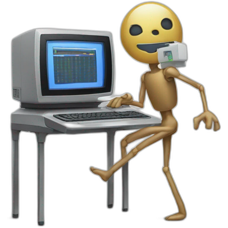 Anthropomorphic computer with arms and legs doing something random emoji