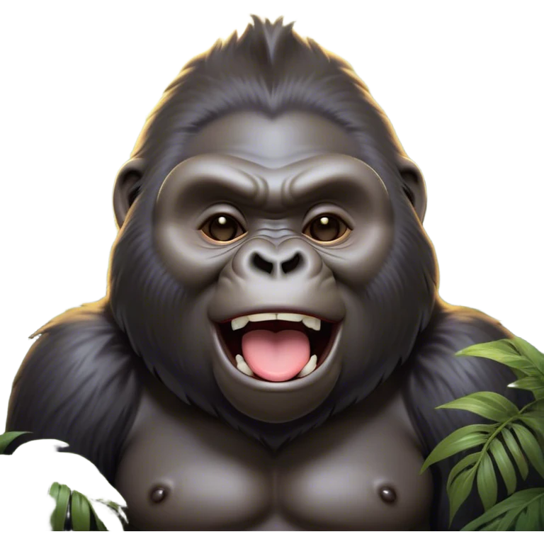 Cinematic Cute Yawning Gorilla Portrait Emoji, Head tilted slightly with a dramatic, wide-open yawn, showcasing a thick, velvety Fur with drowsy, half-closed eyes and a relaxed, open expression, Simplified yet irresistibly adorable features, highly detailed, glowing with a soft, cozy jungle glow, high shine, relaxed yet expressive, stylized with a dash of whimsical primate charm, soft glowing outline, capturing the essence of a drowsy yet affectionate guardian that appears ready to stretch out for a nap! emoji