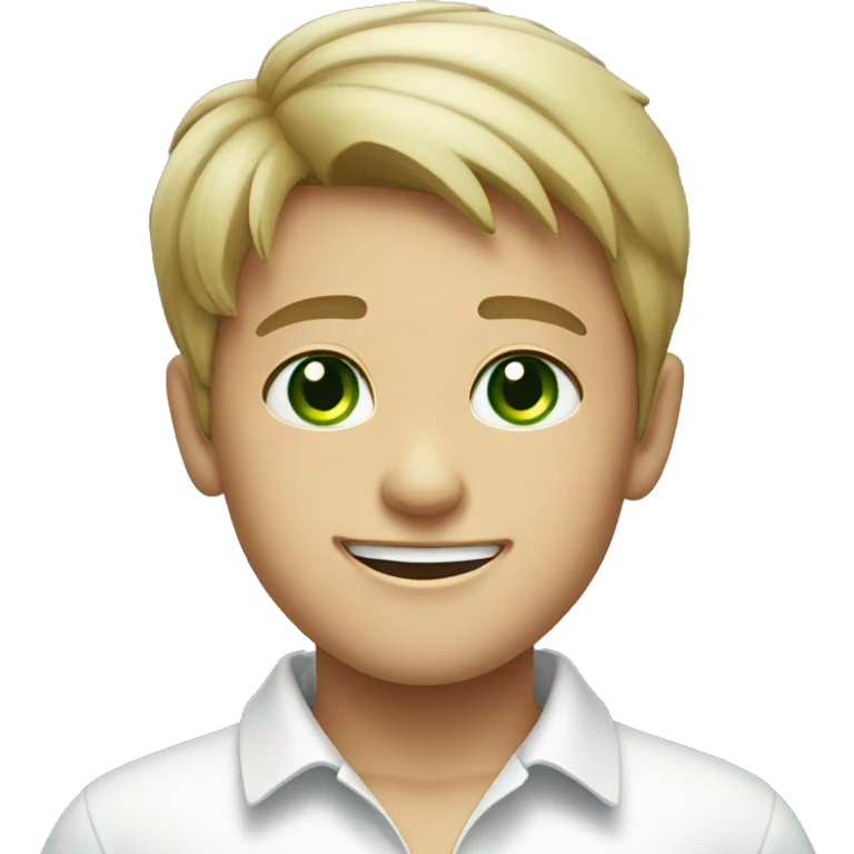 smiling boy in white shirt with green eyes emoji