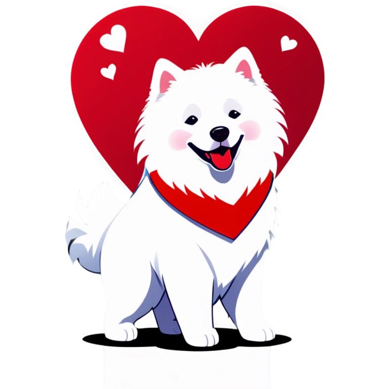 White Samoyed dog surrounded by red hearts emoji