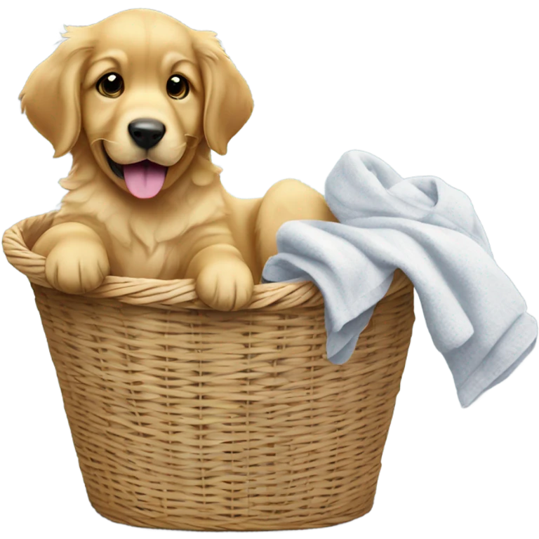 puppy golden retriever in a laundry basket with a sock in its mouth emoji