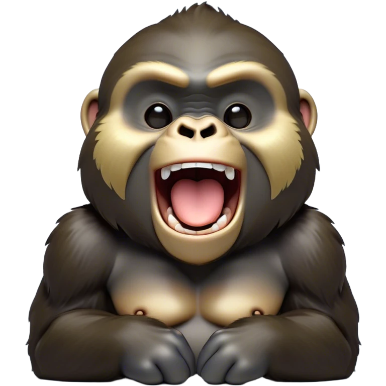 Cinematic Cute Yawning Gorilla Portrait Emoji, Head tilted slightly with a dramatic, wide-open yawn, showcasing a thick, velvety Fur with drowsy, half-closed eyes and a relaxed, open expression, Simplified yet irresistibly adorable features, highly detailed, glowing with a soft, cozy jungle glow, high shine, relaxed yet expressive, stylized with a dash of whimsical primate charm, soft glowing outline, capturing the essence of a drowsy yet affectionate guardian that appears ready to stretch out for a nap! emoji