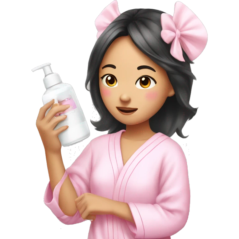 angelic asian girl doing skin care in pink pajamas emoji
