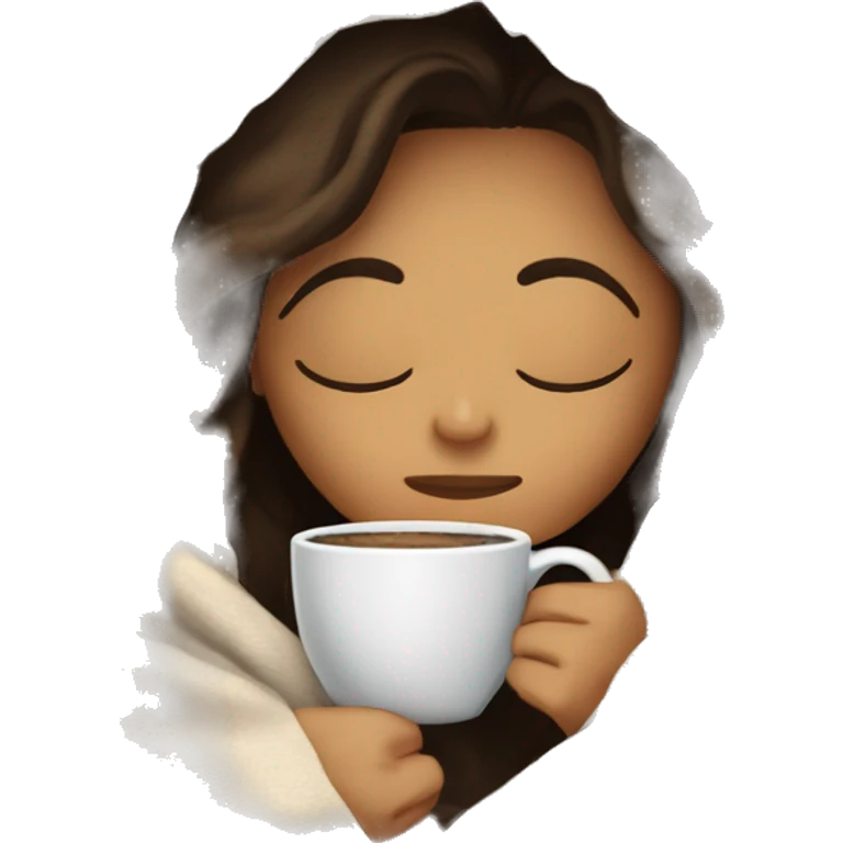 Brunette girl inside a blanket sipping coffee eyes closed emoji