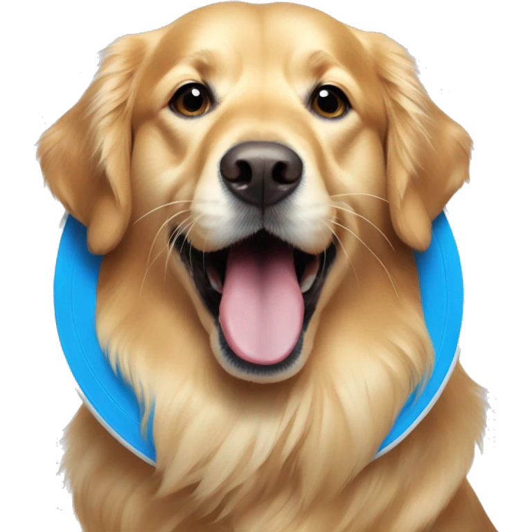 Golden retriever holding big blue frisbee in its mouth emoji