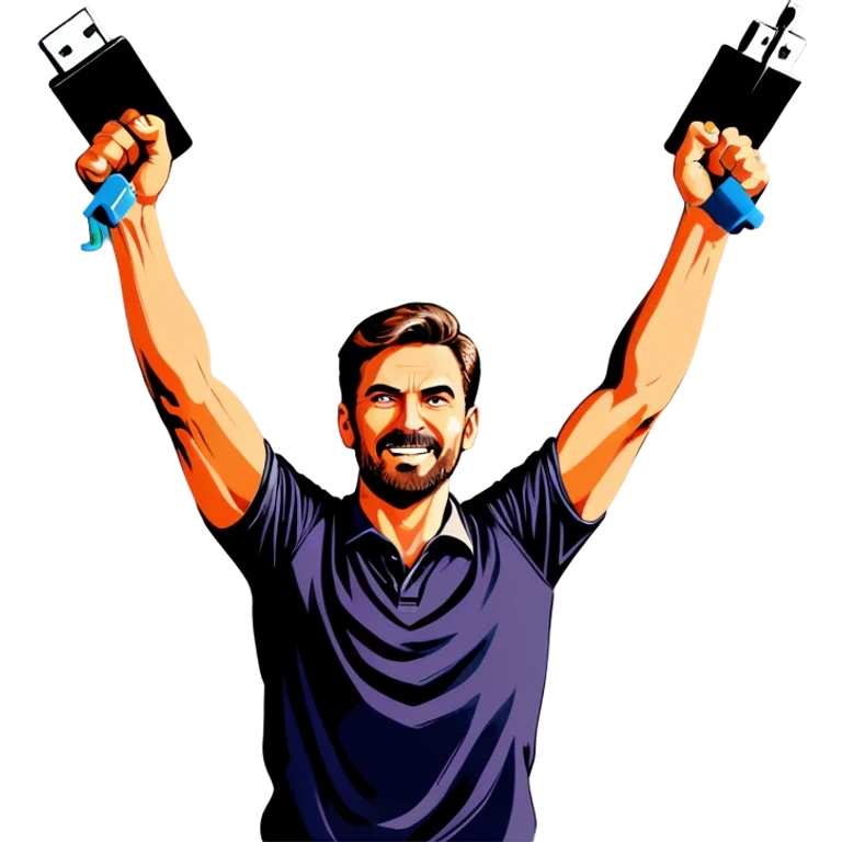 Man holding both arms in the air and holding an electrical cable emoji