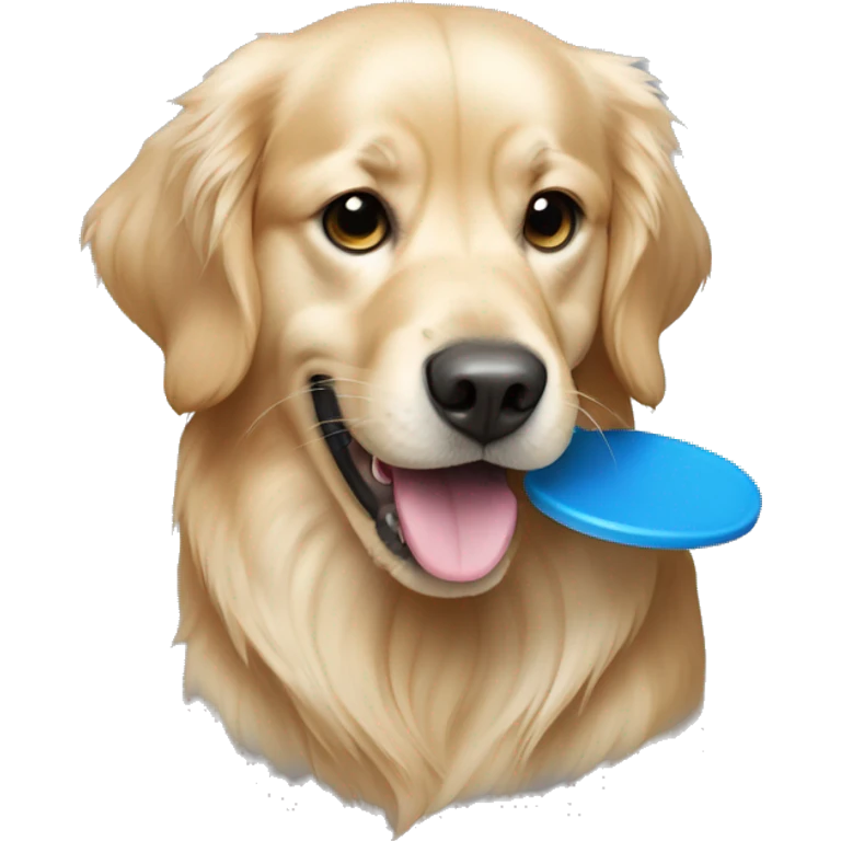 Golden retriever dog holding blue frisbee in mouth emoji