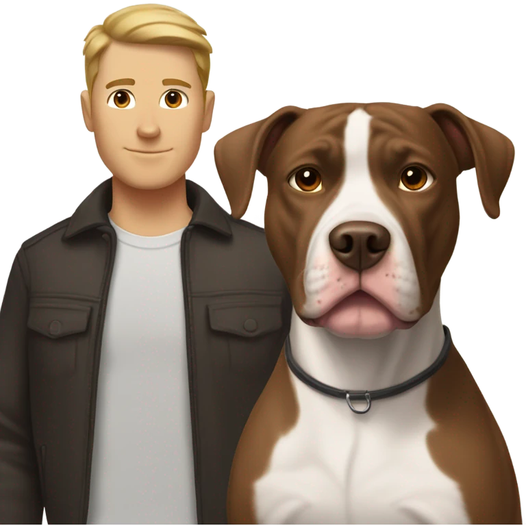 white male with dark brown hair and 5 o'clock shadow standing alongside a white and brown pitbull emoji