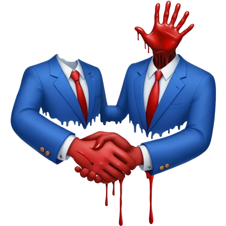 handshake, two hands in blue suits, blood on one of the hands drops emoji