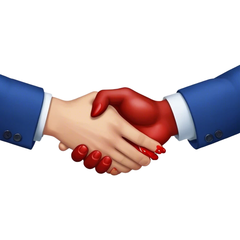 handshake, hands in blue suits, blood on one of the hands emoji